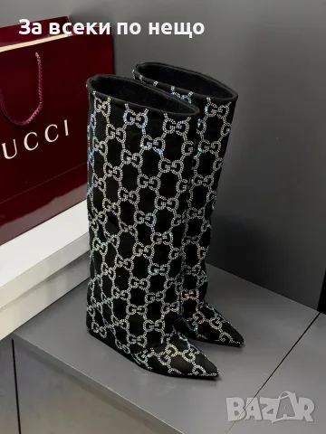 Gucci Луксозни Дамски Черни Високи Ботуши С Бляскави Камъни И Елегантен Заострен Връх Код SEM-845, снимка 7 - Дамски ботуши - 56148436