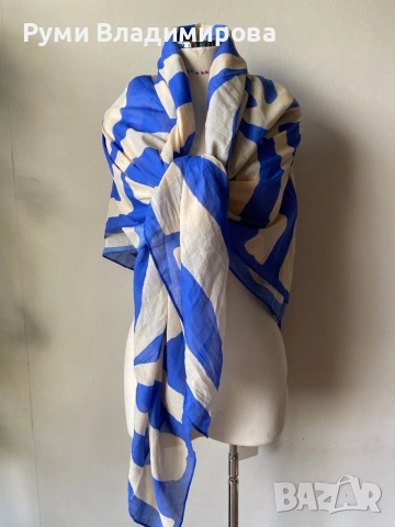 Бял/ син шал  Soleil Soleil от 100 % органик памук, с етикет, снимка 6 - Шалове - 52533920