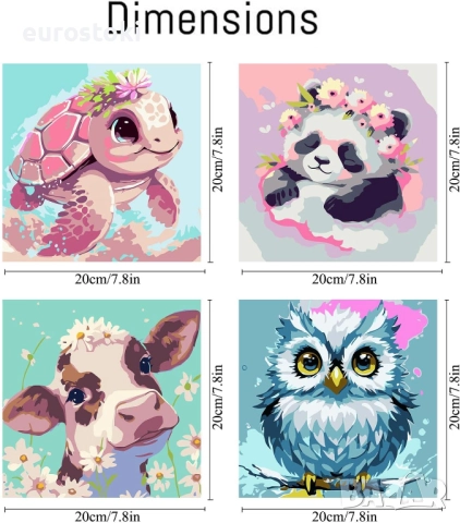 Pujeknm Комплект от 4 броя платно с рамка  за рисуване по номера със сладки животни за възрастни , снимка 4 - Картини - 52514916