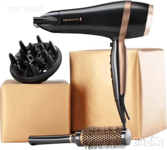 Сешоар Remington подаръчен комплект с концентратор и дифузер, керамичен, йонен, чанта, 2000 W, черен, снимка 6 - Сешоари - 49418067