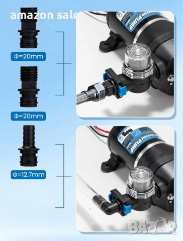 12V автоматична водна помпа,2.4 бара, 95 W, 12.5 л/мин,за кемпер, лодка,напояване,тиха, снимка 5 - Водни помпи - 54160374