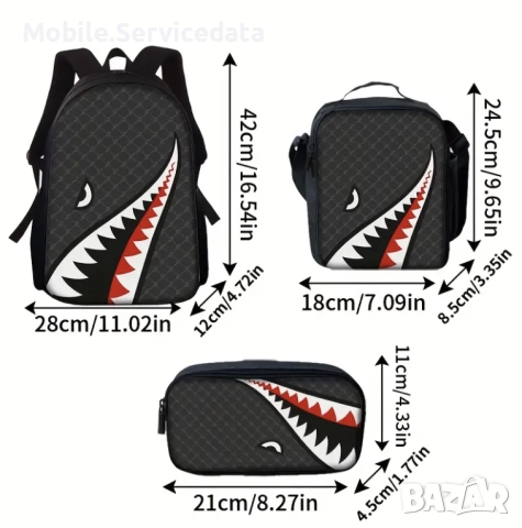 Ученически комплект 3в1 – раница, чантичка и несесер с акулски дизайн, снимка 4 - Раници - 52380014