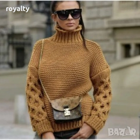 Плетен пуловер с висока яка