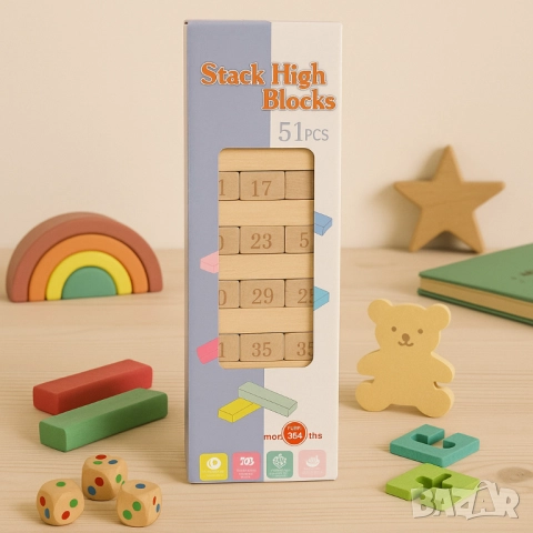 Кула от дървени блокчета – Образователна игра с 51 части, снимка 3 - Образователни игри - 52056166