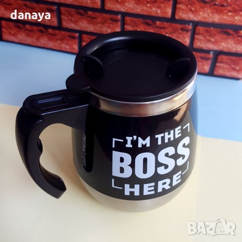 1673 Термо чаша с дръжка и капаче I’m the BOSS here, снимка 5 - Чаши - 30013527