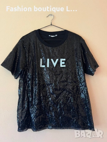 Черна тениска с пайети на марката MANGO размер S / M с бял гумиран надпис LIVE и подплата 🖤