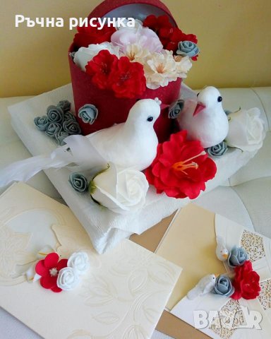 Сватбена декорация с гълъби ,кутия със сапунени рози на поставка и две сватбени картички , снимка 2 - Декорация за дома - 37137741
