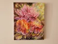 Картина върху платно с маслени бои " Божур " цветя, латинка, хризантема, слънчеви лъчи, живопис , снимка 2