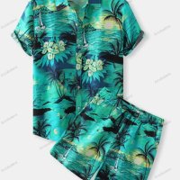 Мъжки моден летен комплект риза с щампа и къси бермуди - 023, снимка 1 - Спортни дрехи, екипи - 40407027