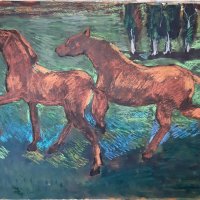 Стара двустранна картина коне и морски пейзаж. , снимка 1 - Картини - 38480717