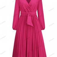 Дамска макси плисирана рокля с дълъг ръкав с изкуствена обвивка и V-образно деколте, 2цвята - 023, снимка 6 - Рокли - 39147866