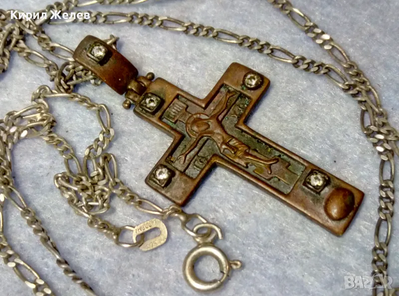 Стар ПРАВОСЛАВЕН СРЕБЪРЕН КРЪСТ СРЕБРО 925 с ПАТИНА и ЦИРКОНИ с ВЕРИЖКА от СРЕБРО 925 ODEMA 40169, снимка 1