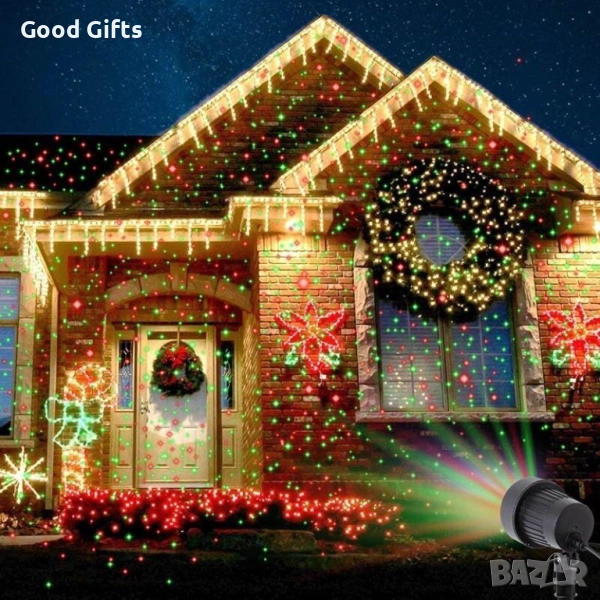 Коледен лазерен прожектор Star Shower – фасадна украса със зелени и червени лъчи, снимка 1