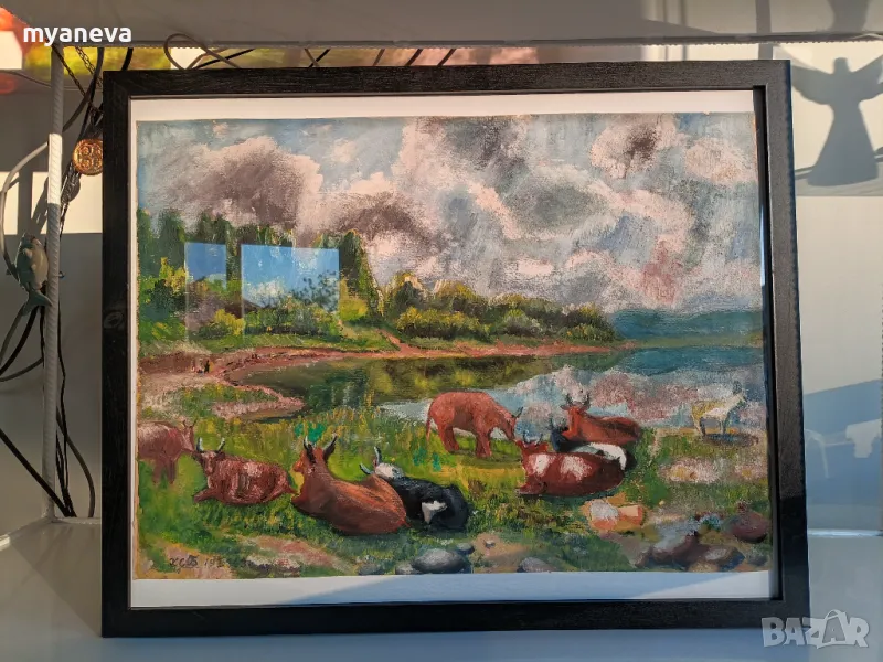 Стара картина , пейзаж с говеда на паша в рамка , снимка 1