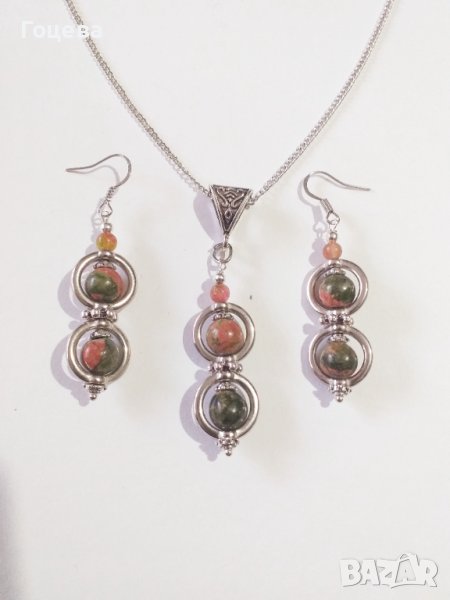 Новият ни Бохо комплект бижута обици и колие с камъни Унакит и Жадеит и орнаменти в цвят Сребро , снимка 1