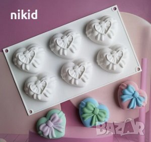 3D 6 сърца сърце панделка панделки подарък силиконов молд форма фондан гипс глина сапун шоколад мус, снимка 1