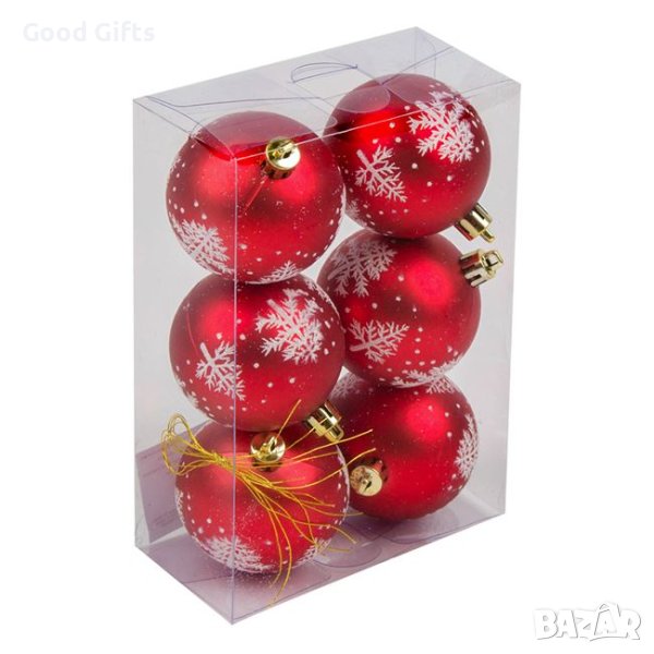 6 броя Комплект Червени коледни топки с елха, 6см, снимка 1