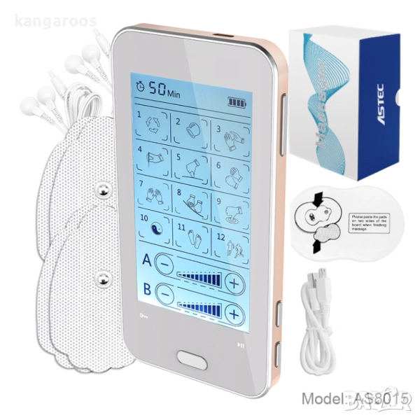 Мускулен стимулатор AresPro, 12 режима, тъч скрийн, презареждаем, с електроди, подложки,, снимка 1