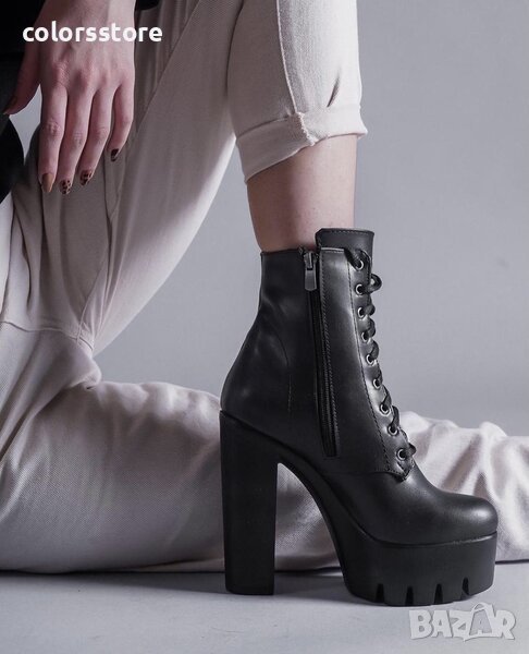 Боти на ток - черна кожа с черно ходило - BT13, снимка 1