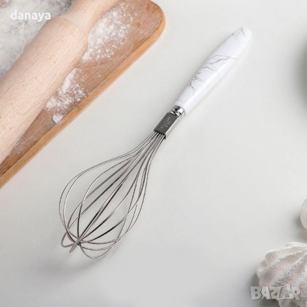 1666 Ръчна телена бъркалка за яйца с дръжка имитация на мрамор, снимка 1