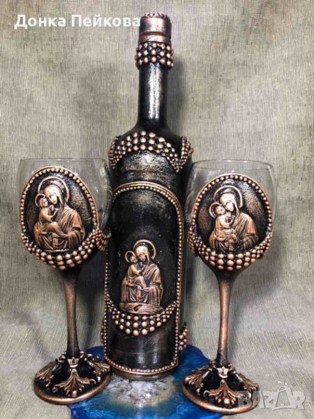 Ръчно изработен сервиз от бутилка и 2 чаши в злато, снимка 1