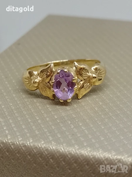 Нов 14К златен пръстен с естествен аметист, 3.6 гр цена 520 лв, снимка 1