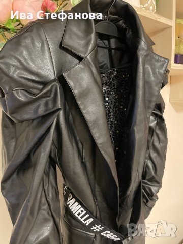 Ново кожено черно сако блейзер буфан ръкав Caramella Fashion , снимка 6 - Сака - 44216719