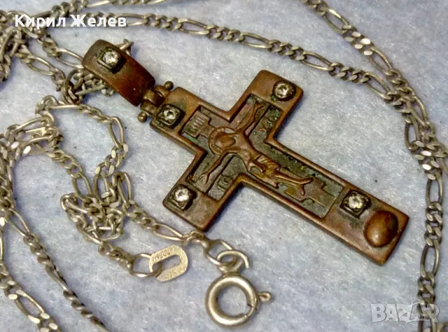 Стар ПРАВОСЛАВЕН СРЕБЪРЕН КРЪСТ СРЕБРО 925 с ПАТИНА и ЦИРКОНИ с ВЕРИЖКА от СРЕБРО 925 ODEMA 40169