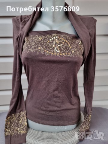 Кафява блуза трико с дълъг ръкав и златисти паети, снимка 5 - Блузи с дълъг ръкав и пуловери - 38977919