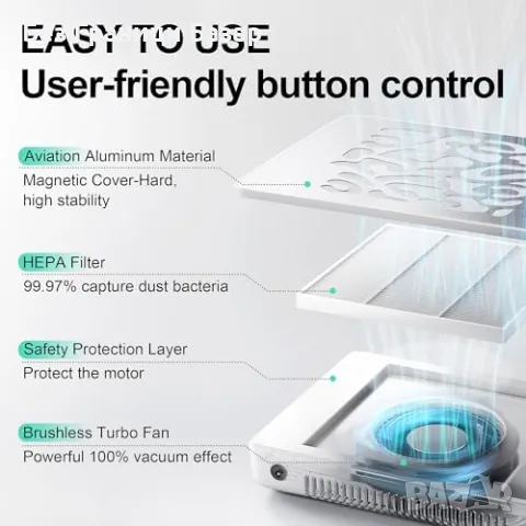 Нов Мощен професионален прахоуловител за нокти 650Pa, 5000RPM, тих, снимка 9 - Продукти за маникюр - 49439255