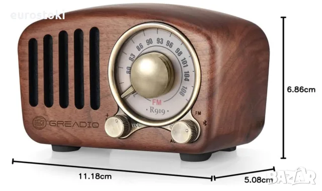 Винтидж радио Greadio от естествено орехово дърво, мини FM радио в ретро стил, Bluetooth , снимка 7 - Други - 56184956