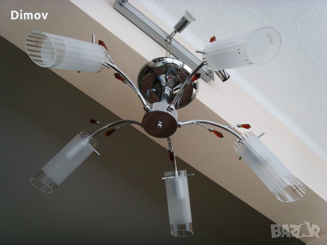 Полилей. Неръждаема стомана-инокс , кристал и стъкло - 220V5х 60W , снимка 2 - Полилеи - 31368472