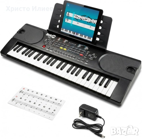 Синтезатор 49 клавиша Електронно пиано RockJam със стикери за клавиши и зарядно