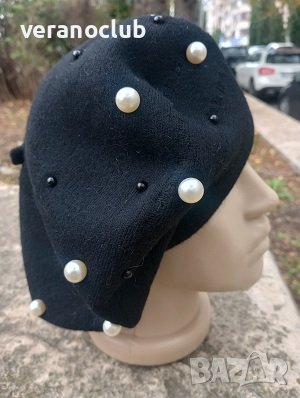 Черна дамска барета с перли Лукс, снимка 2 - Слънчеви и диоптрични очила - 42926812