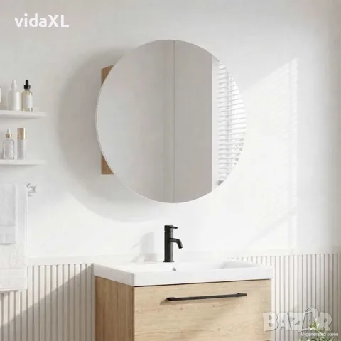 vidaXL Шкаф за баня с кръгло огледало и LED, дъб, 47x47x17,5 см（SKU: 345586）, снимка 2 - Огледала - 56089934