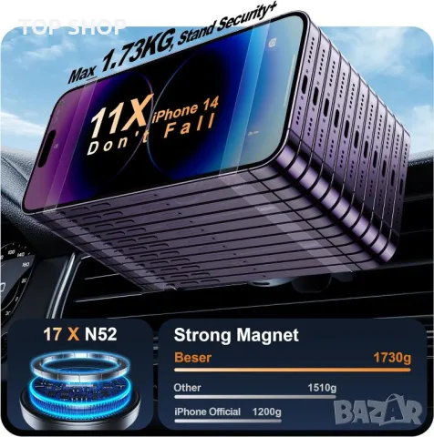 Beser 15W безжично зарядно за кола за MagSafe за iPhone 12-15, Samsung, 60W адаптер,черно, снимка 5 - Безжични зарядни - 49965427