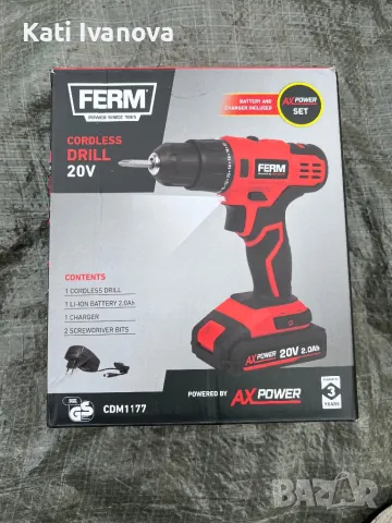 ПРОМО Ferm Акумулаторна бормашина 20v,  2 Ah Винтоверт Включва батерия, зарядно и куфар, снимка 4 - Винтоверти - 49201316