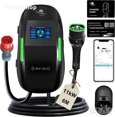 11kW зарядна станция, 3-фазна, WiFi, Type 2, 6м кабел, 2х RFID карти за достъп, LEISHENG ENERGY