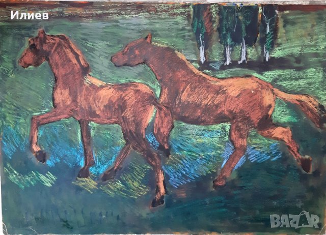 Стара двустранна картина коне и морски пейзаж. , снимка 1 - Картини - 38480717