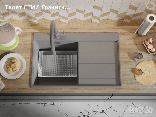 Сива гранитна кухненска мивка Сидни 780-45 Ergo Multilevel 780х500, снимка 6 - Мивки - 51204849