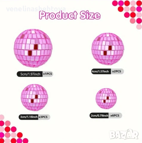 12 броя светло розови огледални диско топки за декорация на торта 