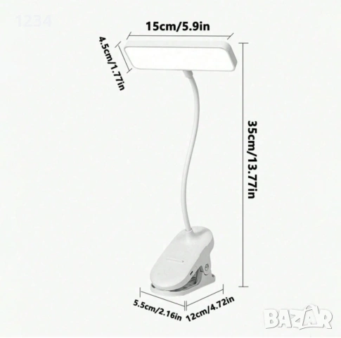LED настолна лампа, с щипка, 3 режима на осветление, безжична, бяла, снимка 3 - Лед осветление - 54196662