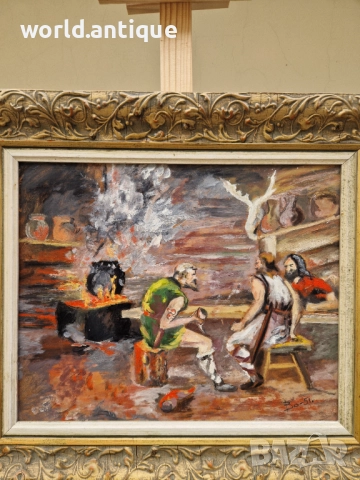 Уникална антикварна майсторска авторска картина масло върху платно , снимка 4 - Картини - 52270043