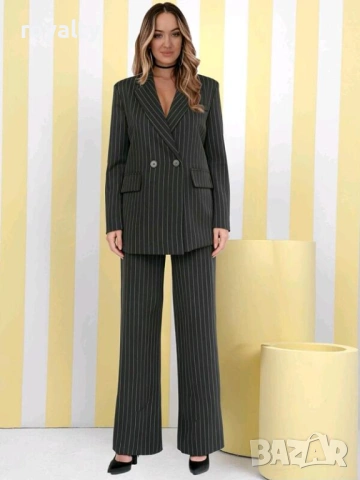 Дамски Черен Костюм в Райе с Широки Крачоли