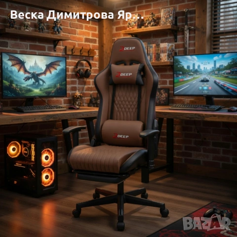 Ергономичен кафяв геймърски стол с поставка за крака, регулируема височина и 3D подлакътници, снимка 3 - Столове - 54044537