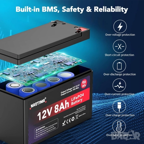 12V 8Ah LiFePO4 Акумулаторна батерия с вграден BMS и голям цикъл (4000+), NASTIMA , снимка 6 - Друга електроника - 52574889
