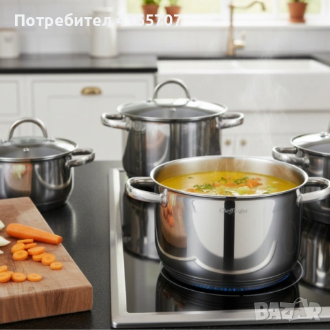 Комплект тенджери Cheffinger – 8 части инокс с капаци, за всички видове котлони, снимка 2 - Съдове за готвене - 53150717