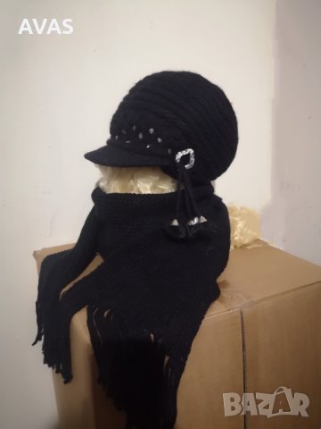 Нов комплект черна шапка с шал Вълна и ангора