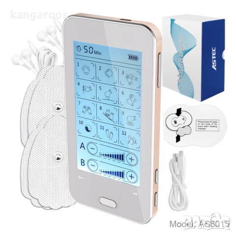 Мускулен стимулатор AresPro, 12 режима, тъч скрийн, презареждаем, с електроди, подложки,