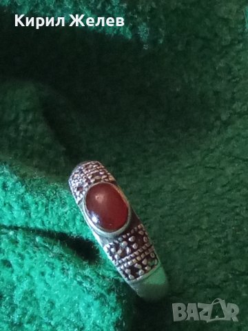 СТАРИНЕН СРЕБЪРЕН с ЧЕРВЕН КЕХЛИБАР АРТ ДЕКО ПРЪСТЕН СРЕБРО 925 с 3 МАРКИРОВКИ и МАРКАЗИТИ 27192, снимка 4 - Антикварни и старинни предмети - 36869057